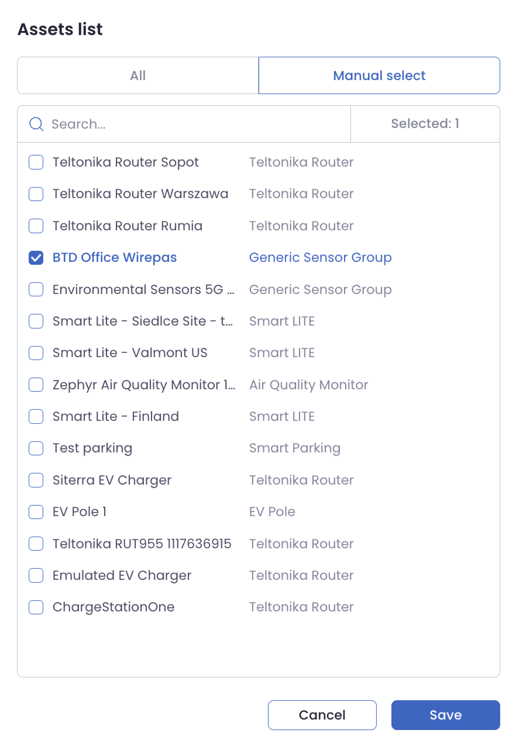 Data Collection statistics dashboard assets list selection