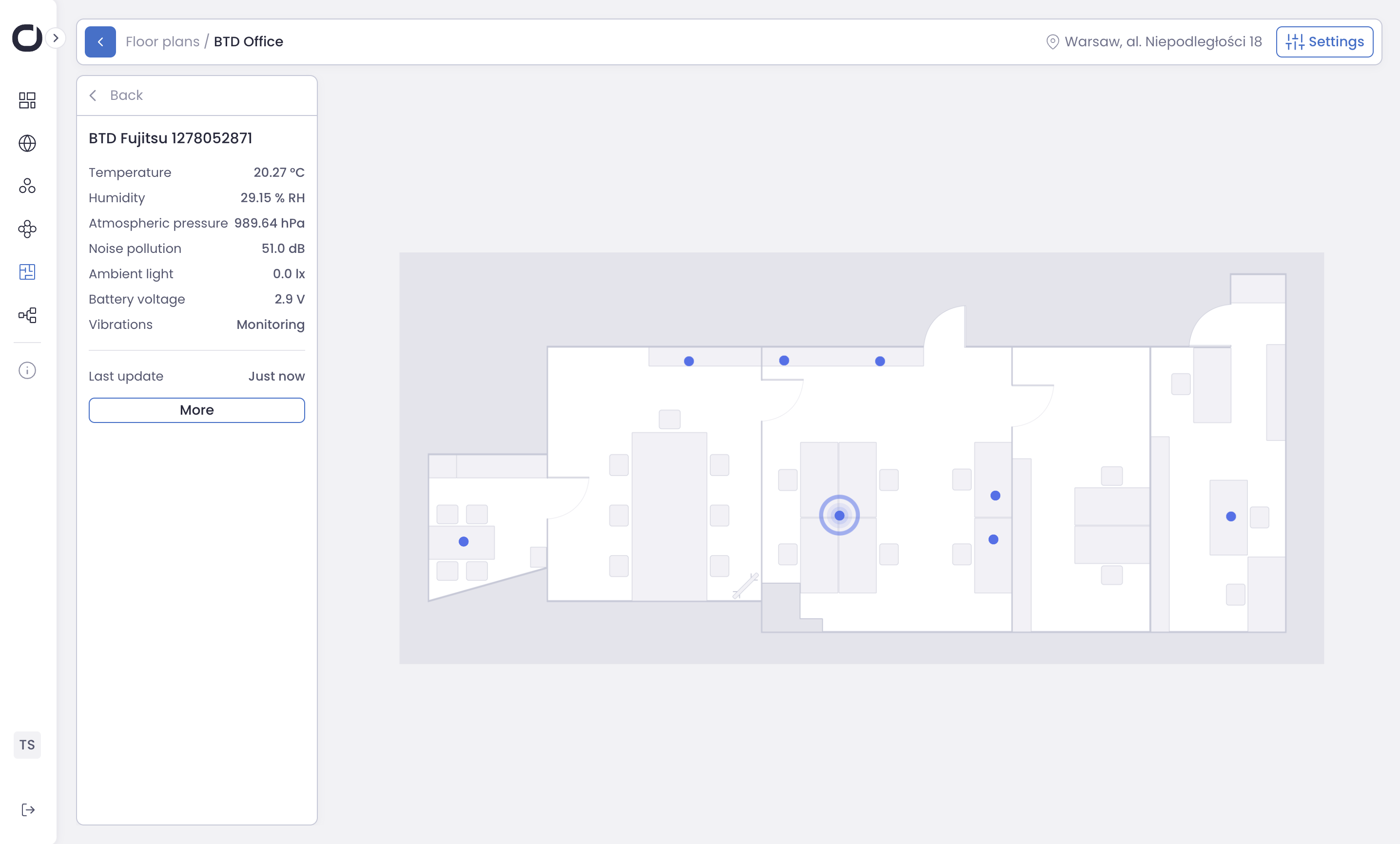 Floor plan of an office with blue dots signifying sensors or components