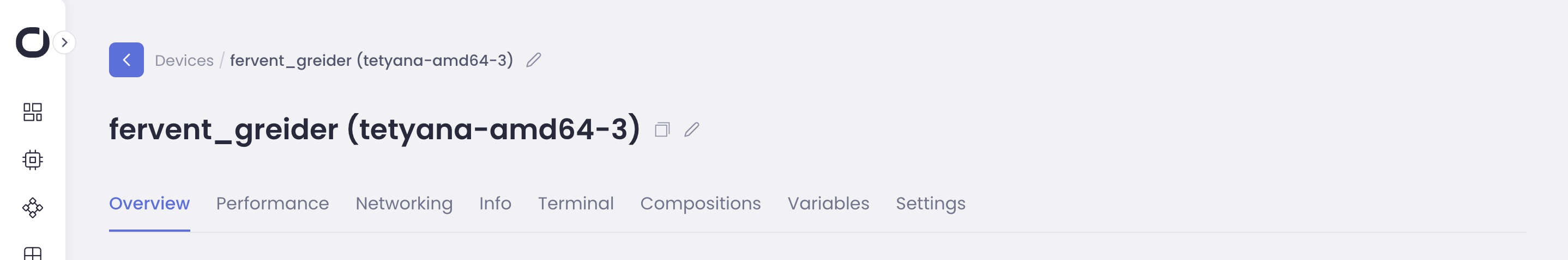 Orchestra Management, device details page with tabs: Overview, Performance, Networking, Info, Terminal, Settings.